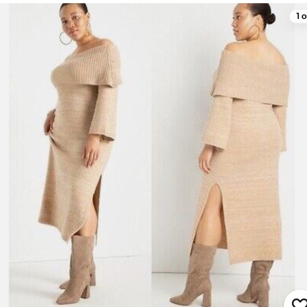 Eloquii Tan Off the Shoulder Side Split Sweater Dress - 18/20